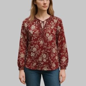 LOFT Red Ruffled Long Sleeve Blouse